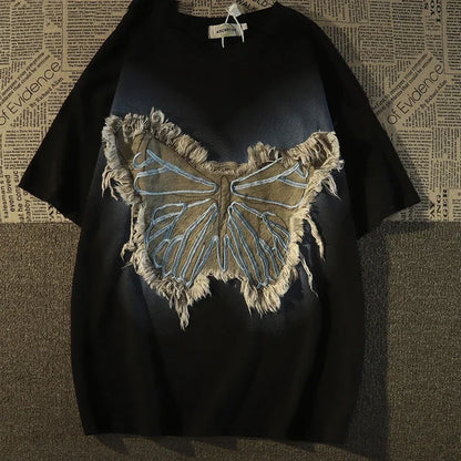 saferido American Vintage T Shirt High Street Patch Butterfly Short Sleeve O-neck T-shirt Men Women Oversize High Street Tops