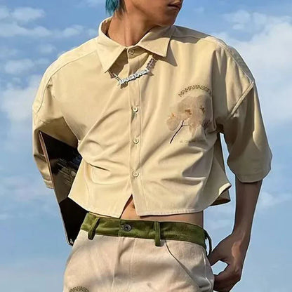 saferido Mens Y2k Floral Navel-Baring Graffiti Shirt 2024 Spring Summer New Genderless Fashion Streetwear Short-Sleeve Shirt Unisex