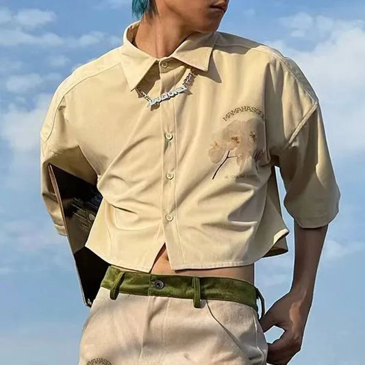 saferido Mens Y2k Floral Navel-Baring Graffiti Shirt 2024 Spring Summer New Genderless Fashion Streetwear Short-Sleeve Shirt Unisex