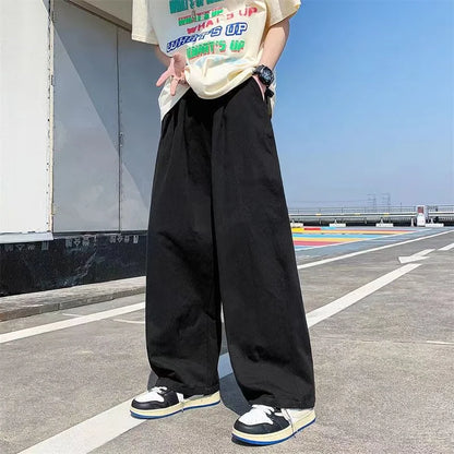 saferido Spring Cotton Wide Leg Pants Men Fashion Solid Color Casual Pants Men Streetwear Korean Loose Straight Pants Mens Trousers S-5XL