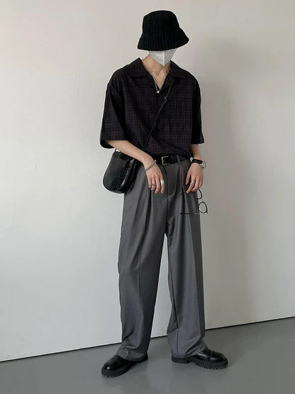 saferido Black Plaid Shirts Men Summer Loose Breathable Teens All-match Trendy Korean Fashion BF Simple Tops Streetwear Harajuku Camisas
