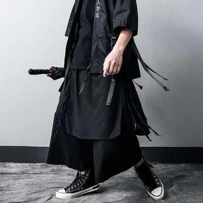 saferido Techwear Wide Leg Pants Punk Gothic Black Trousers Male Goth Cotton Linens Summer Japanese Style Streetwear Hip Hop