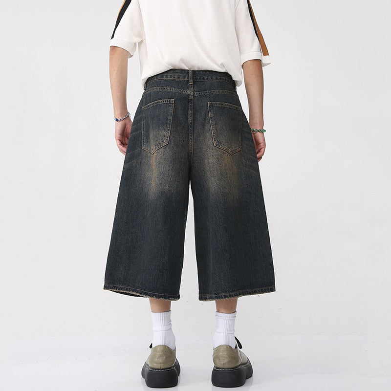 Korean Style Vintage Men's Jeans Summer Loose Male Wide Leg Knee Length Shorts New Washed Fashion Denim Trouser