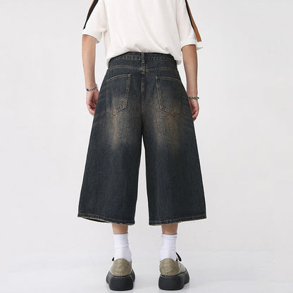 Korean Style Vintage Men's Jeans Summer Loose Male Wide Leg Knee Length Shorts New Washed Fashion Denim Trouser