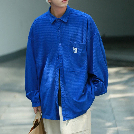 saferido  Blue Minimalist Shirts For Men Korean Style Solid Long Sleeve Turn Down Collar Shirt Comfortable Blouses Casual Plus Size