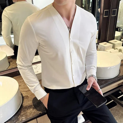 saferido Men V-neck Long Sleeve Shirt New British Style Solid Casual Slim Fit Camisas Blusas Formal Dress Shirts Homme Men Clothing