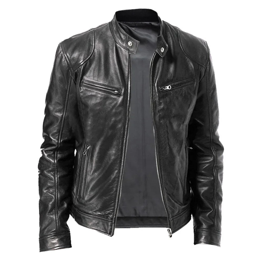 Spring Men's Stand-Up Collar Slim Leather Jacket Brown Black Zipper Pocket Decorative Pu Coat Biker Men Clothes Casual Male