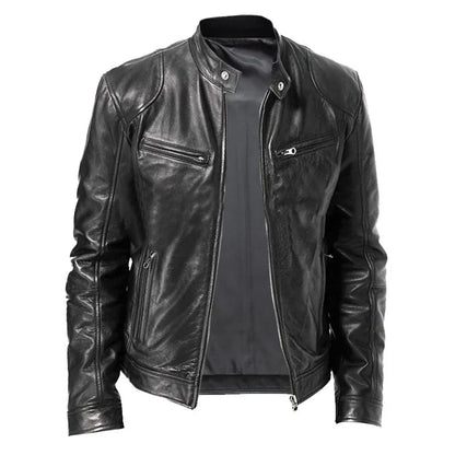Spring Men's Stand-Up Collar Slim Leather Jacket Brown Black Zipper Pocket Decorative Pu Coat Biker Men Clothes Casual Male