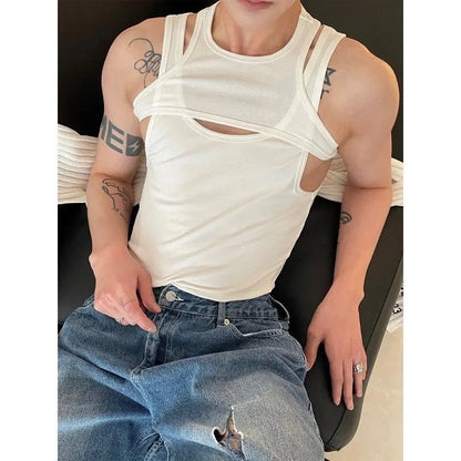 saferido American Style New Tops Sexy Hollow Fake Two Pieces Men's Clothing Summer Hollow Out Fashion Slim Bodybuilding Tank Tops