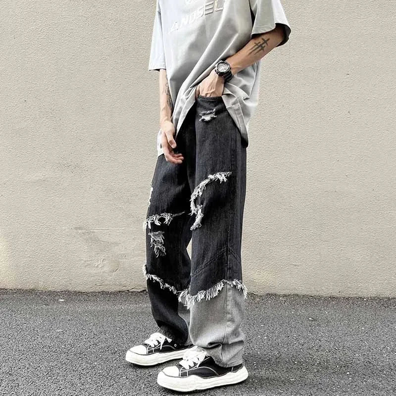 saferido American Style Fringed Denim Pant Tide Small Group Stitching Harajuku Wind Loose Stitching Burr High Street Casual Y2k Pants Men