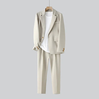 Beige Suit Men Fashion Society Men Dress Suit Korean Loose Casual Blazer/Pants Two Piece Set Mens Office Formal Suit M-3XL