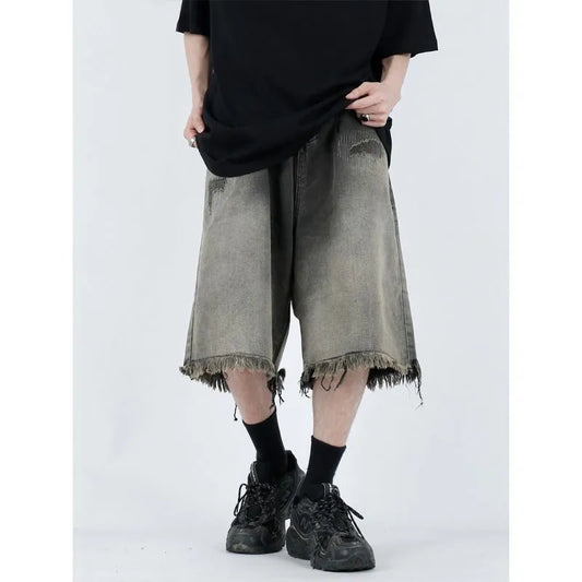 saferido Hip Hop American Vintage Washed Old Gradient Denim Shorts Men's Summer High Street Fashion Casual Loose Capris