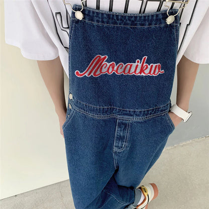 saferido Loose Printed Letters Jeans Blue Overalls Men's Oversize Casual Hiphop Straight Wide-leg Pants Four Seasons Work Denim Trousers