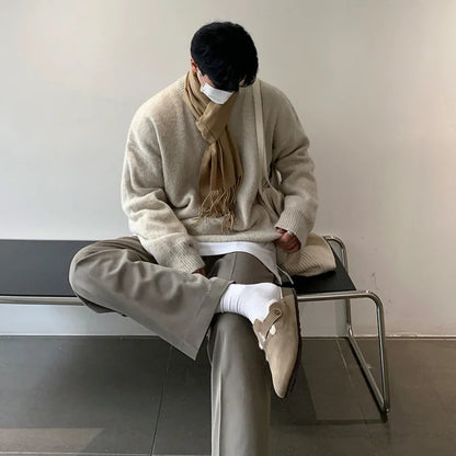 Winter Round Collar Mohair Solid Color Sweater Loose Korean Style Vintage Kintted Sweater Pullover Men Clothing