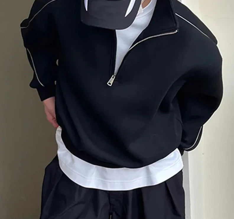 Men Hoodies Solid Color Lapel Long Sleeve Zipper Sweatshirts Loose Streetwear Korean Casual Male Pullovers S-5XL