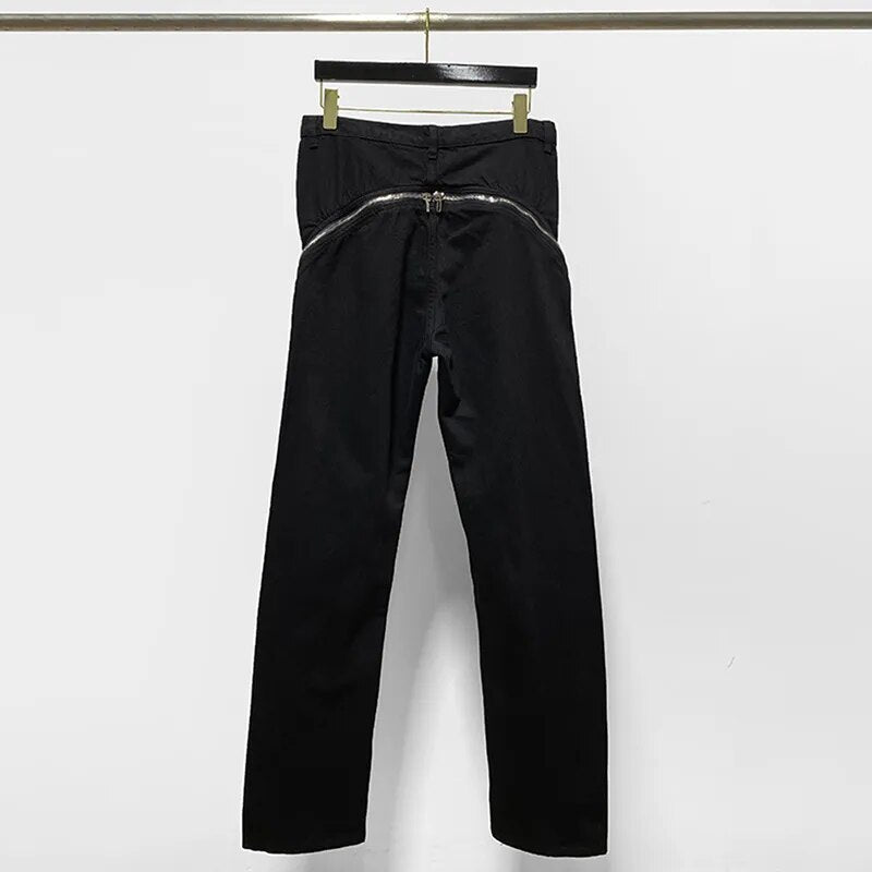 Darkwear Niche Design High Street Style Main Line Large Zipper Loose Men Jeans Solid Black Casual Chic Denim Pants