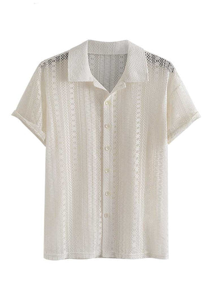 Cotton Sheer Openwork Shirts for Men Sexy Lace Short Sleeves Transparent Shirt Summer Solid Streetwear Tops
