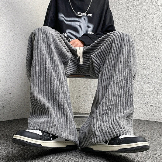 saferido Corduroy Pants Men's Straight Pants Solid Color Drawstring Unisex Wide Leg Oversized Trousers Casual Japanese Style Male Pants