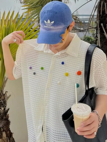 saferido Summer Men's Shirts New Chic Hollow Out Turn-down Collar High Street Youthful Popular Short Sleeve Japanese Harajuku Beach Style