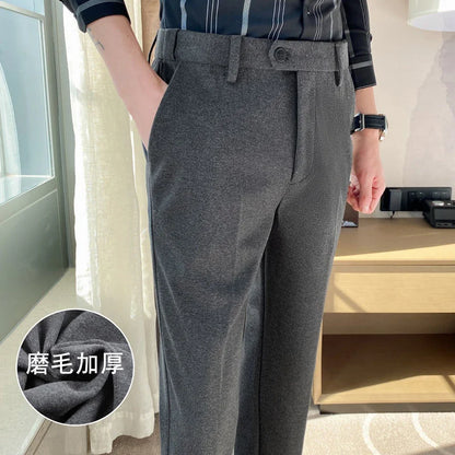 saferido Thick Men's Suit Pants Autumn Winter Brushed Woolen Loose Slim Solid Youth Pants Trend Casual Business Pencil Trousers Oversized