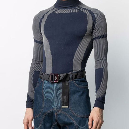 Men's Fashion Long Sleeve T-shirt Elastic T-Shirts Turtleneck Male Contrast Color Tops New Stripe Spliced Clothing