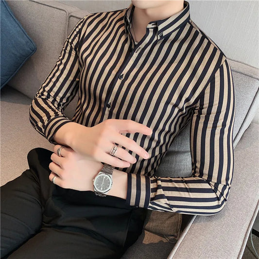 saferido  Masculina Spring Shirts Men Dress Vertical Stripe Streetwear Slim Men Shirt Casual Long Sleeve Chemise Homme Tuxedo Shirt