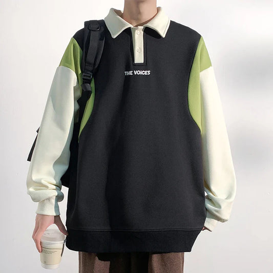saferido Korean Version of The Lapel Sweatshirt College Style Splicing Collision Long-sleeved Sweatshirt Letters Printed Couple Sweater