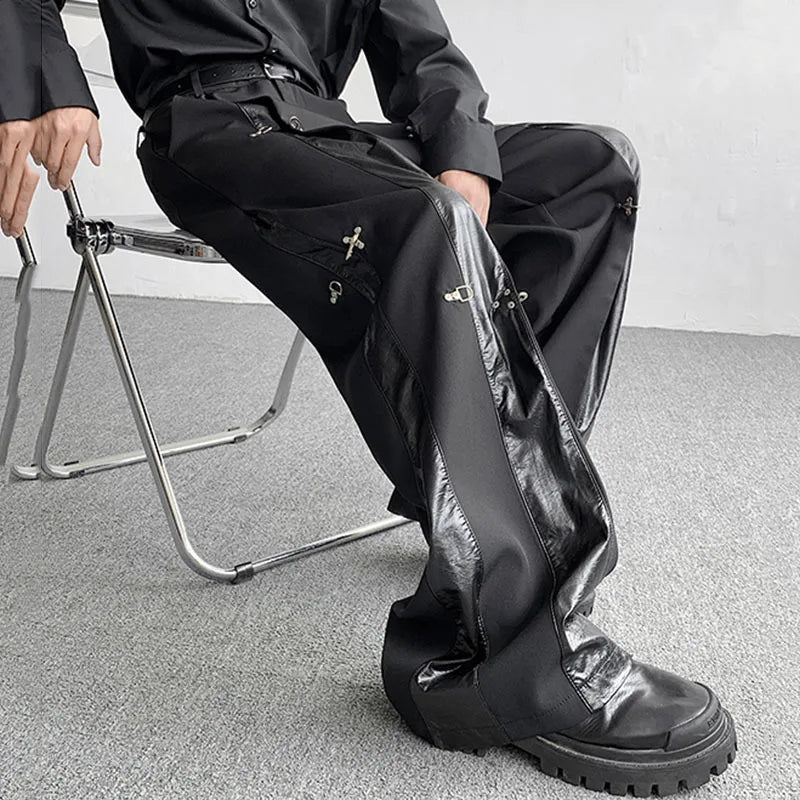 Men's Pants Autumn Winter Metal Buckle Design PU Leather Splicing New Fashion Solid Color Darkwear Trousers