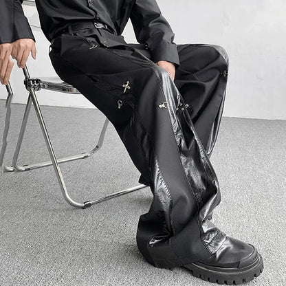 Men's Pants Autumn Winter Metal Buckle Design PU Leather Splicing New Fashion Solid Color Darkwear Trousers