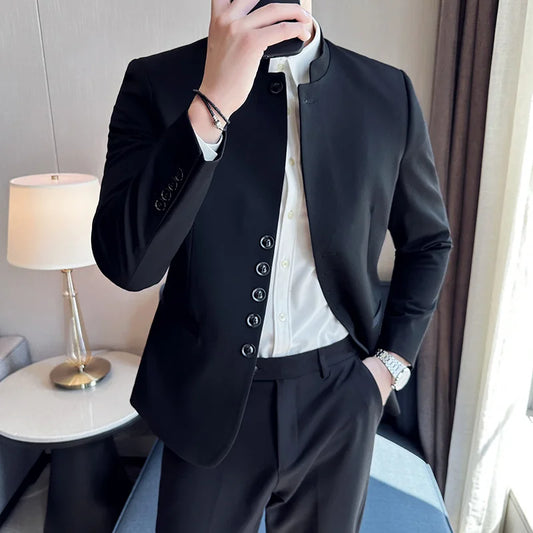 saferido Men Spring High Quality Business Suit/Male Sinicism Stand Collar Blazers/Man Solid Color Casual Tuxedo 4XL-M