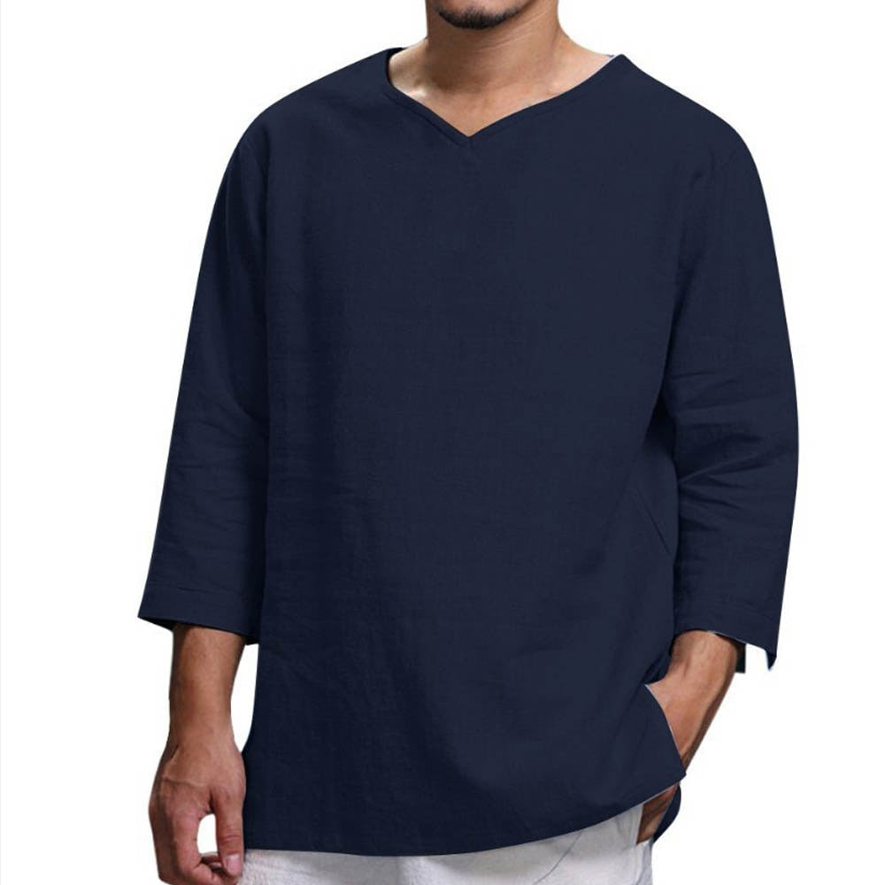 V Neck Cotton Linen T Shirts For Men Solid Color Long Sleeve Shirts Casual Tops Loose Large Size Tees Breathable Men Clothing