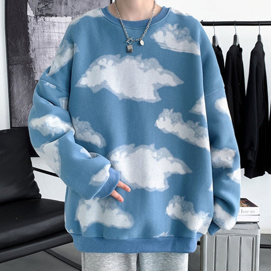 Cloud Graphic Men Oversized Sweatshirts Autumn Korean Round Neck Pullovers Streetwear Casual Unisex Tops