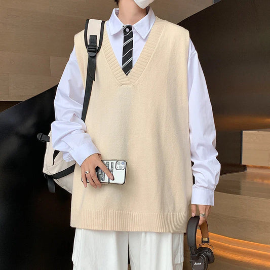 saferido Sweater Vest Men V-neck Solid Leisure Loose All-match Streetwear Sleeveless Sweaters Mens Knitted Korean Style Waistcoat