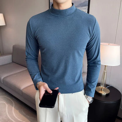 saferido  New Style Male Spring High Quality Slim Casual Long Sleeve T-shirts/Men Fashion High Collar Pure Color Leisure T-shirt 3XL