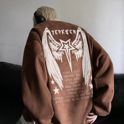 saferido High Street Men Sweatshirt Angel Wing Graphic Printed Gothic Style Pullover Sweatshirts Oversize Baggy Hip Hop Round Neck Hoodie