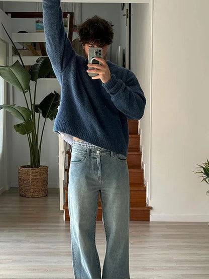 saferido Fashion Bottoming Knitted Sweater Men's Autumn Casual Round Neck Solid Color Tops Korean Style Simple Versatile Loose Pullover
