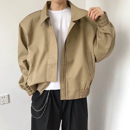 Spring New Short Jacket Men's Long Sleeved Solid Color Square Collar Fashion Loose Casual Zipper Bomber Jacket Streetwear