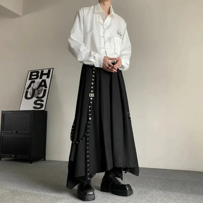 saferido Mens Gothic Rope Belt Decorated Irregular Skirt Pants Genderless Fashion Japanese Style Niche Dark Samurai Pants Hakama Unisex
