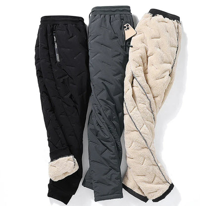 Winter Zip Pockets Thicken Fleece Men Warm Pants Trousers