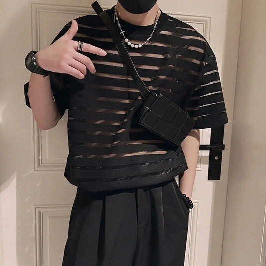 saferido Korean New Men's Clothing Fashion Hollow Out Striped Tops Man Comfortable Breathable Lace Thin Style T-shirt