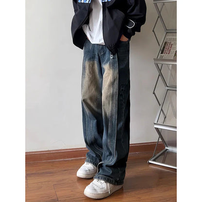 saferido Men's American High Street Dark Blue Color Casual Pants Fashion Trend Loose Personality Jeans Retro Loose Trousers M-5XL