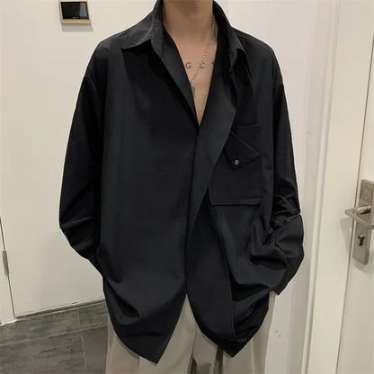 saferido Korean Streetwear Spring Color New Style Personalized Men's Suit Stand Collar Diagonal Button Long Sleeve Shirt Male