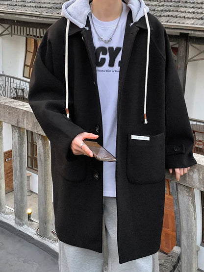 Hooded Blends Men Korean Style Lace-up Spliced Single Breasted Spring Autumn Temperament Streetwear Tender Advanced Classic