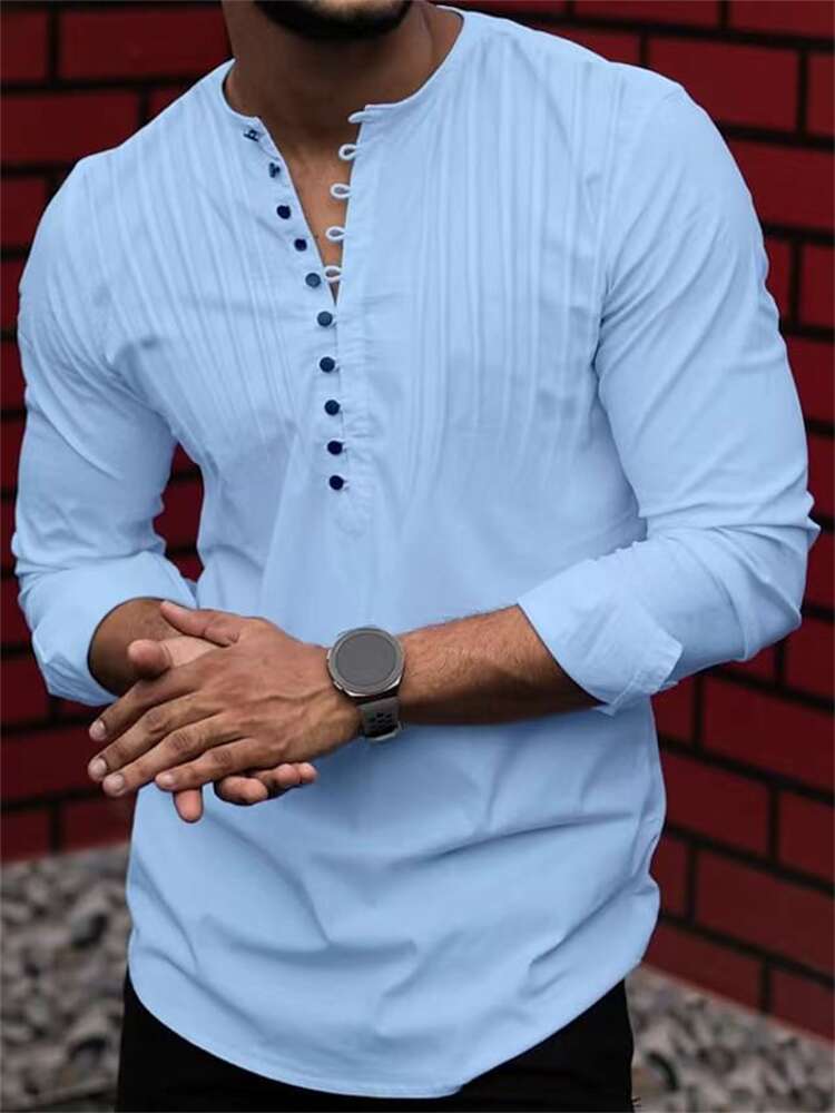 NEW Men's Solid Color Linen Long Sleeve Shirt Button Shirts Trend  vintage Stand Collar Casual Cotton Tops US-Size