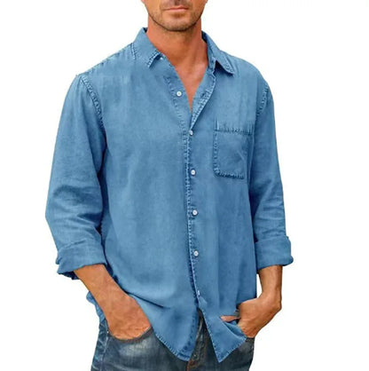 saferido Spring Autumn New Mens Denim Long Sleeve Button Down Pocket Shirt Retro Work Male Slim Fit Solid Color Casual Fashion Tops