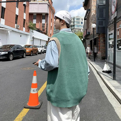 saferido Autumn New Sleeveless Knit Vest Geometric Pattern Pullovers Men's Cashmere Sweater Yellow Oversize Knitted Preppy Style Tops