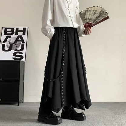 saferido Mens Gothic Rope Belt Decorated Irregular Skirt Pants Genderless Fashion Japanese Style Niche Dark Samurai Pants Hakama Unisex