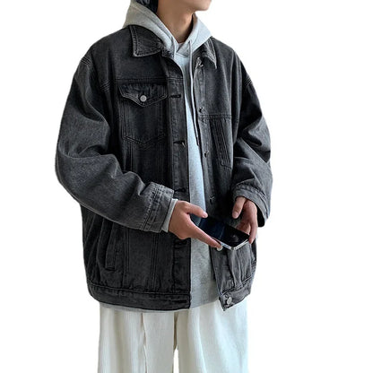 New Jacket Men's Spring and Autumn Denim Coat Korean Version On Clothes Young Student Lapel Fashion Casual Loose Tide Men