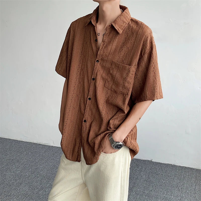 Korean Fashion Hollow Shirt for Men Summer Short Sleeve Button Trend Loose Niche Design Handsome Cotton Casual Shirts Men