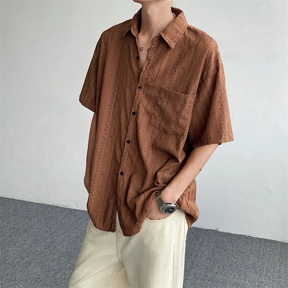 Korean Fashion Hollow Shirt for Men Summer Short Sleeve Button Trend Loose Niche Design Handsome Cotton Casual Shirts Men